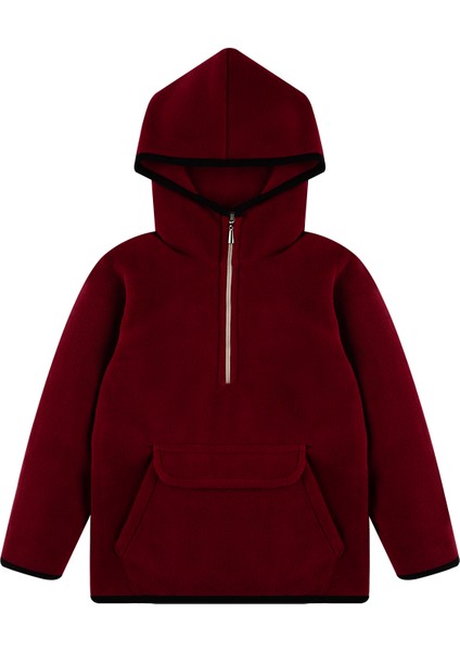 Çocuk Polar Yarım Fermuarlı Kapşonlu Kanguru Cep Sweatshirt Bordo Unisex