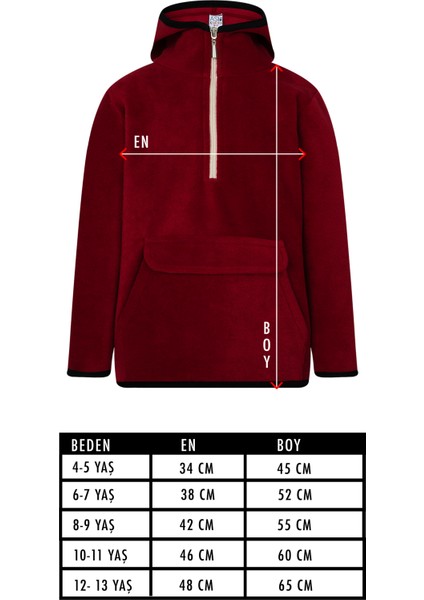 Çocuk Polar Yarım Fermuarlı Kapşonlu Kanguru Cep Sweatshirt Bordo Unisex