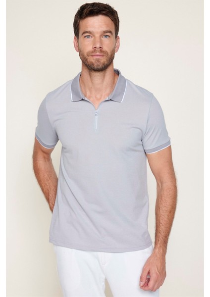Erkek Slim Fit Fermuarlı Polo Yaka Pike Pamuklu Gri Tişört fiyatları