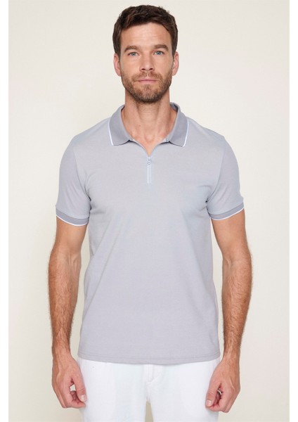 Erkek Slim Fit Fermuarlı Polo Yaka Pike Pamuklu Gri Tişört modelleri