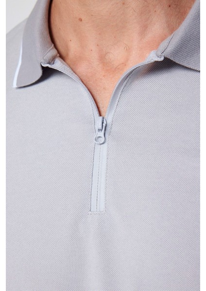 Erkek Slim Fit Fermuarlı Polo Yaka Pike Pamuklu Gri Tişört fırsatları