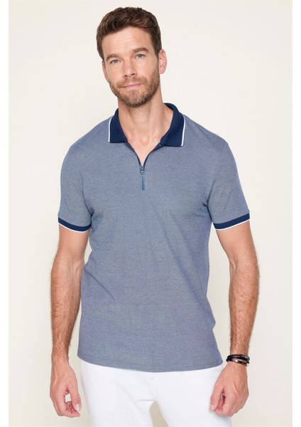 Erkek Slim Fit Fermuarlı Polo Yaka Pike Pamuklu Lacivert Tişört fiyatları