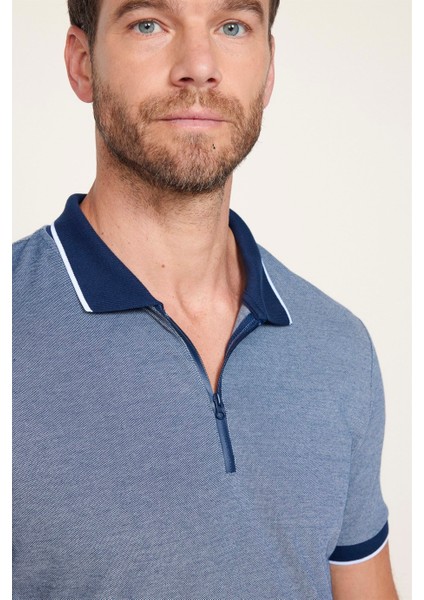 Erkek Slim Fit Fermuarlı Polo Yaka Pike Pamuklu Lacivert Tişört modelleri