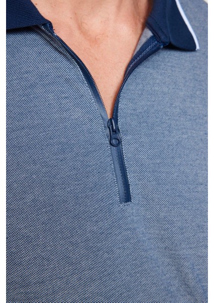 Erkek Slim Fit Fermuarlı Polo Yaka Pike Pamuklu Lacivert Tişört fırsatları