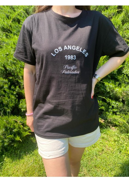 Unisex Los Angeles Baskılı Bisiklet Yaka Kısa Kollu T-Shirt - Siyah