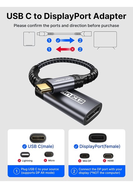 Usb-C Type C To Displayport Çevirici Dönüştürücü Adaptörü 4K@60Hz, C - Display Port Kablosu MacBook Pro ile Uyumlu, Surface Book, Dell Xps, Samsung Galaxy S21 S20 Note 20 Uyumlı CV0028 0.28  Gri