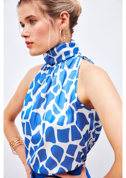 Desenli Kolsuz Bluz - Lacivert