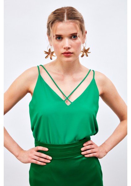 Çapraz Ip Askılı Bluz - Yeşil