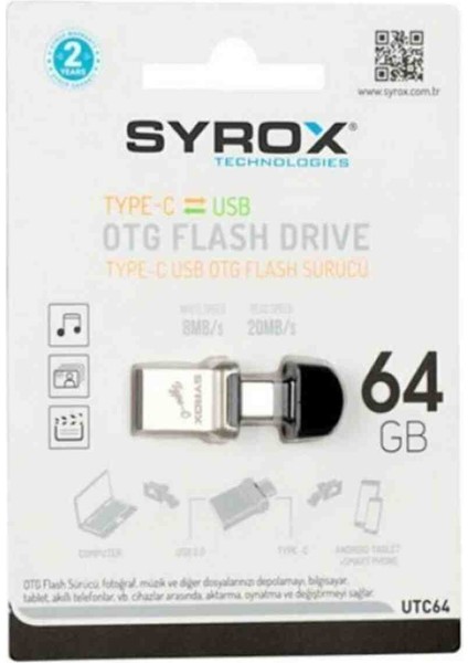 UTC64 Type-C ve USB 2.0 USB Flash Bellek 64GB