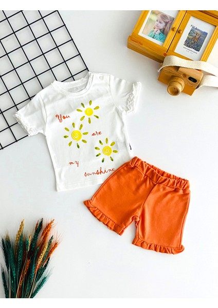 Neşeli Bebekler Güneş Baskılı Fırfır Kısa Kollu Şort Takım Turuncu