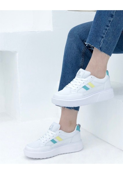 151 Kadın Beyaz-Sarı-S.Yeşil Anorak Kalın Taban Sneaker Ayakkabı