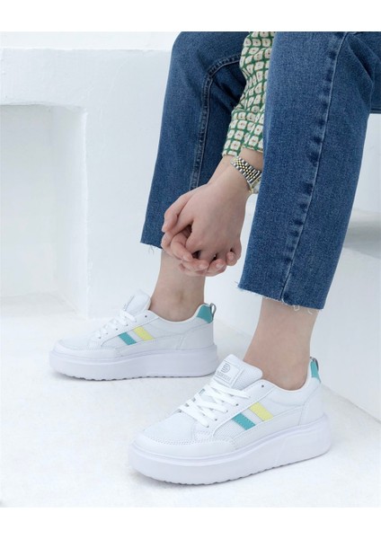 151 Kadın Beyaz-Sarı-S.Yeşil Anorak Kalın Taban Sneaker Ayakkabı modelleri