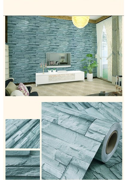 HSY Store Mavi Tuğla Taş Desenli Kendinden Yapışkanlı 3D Duvar Raf Kapı Kaplama Kağıdı 3 Metre 60 cm