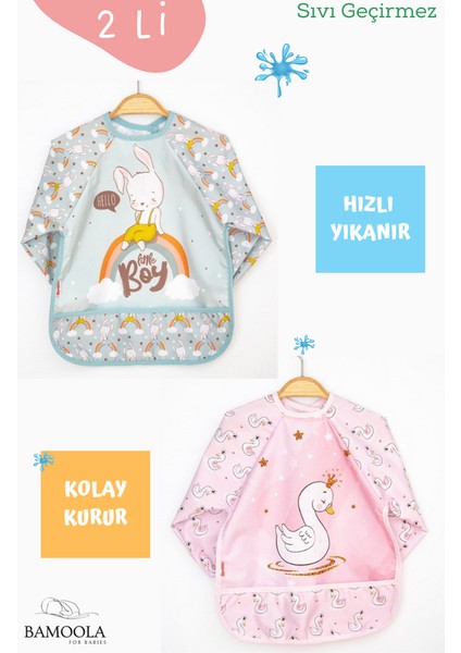 2 Li Tavşan ve Kuğu Desenli Uzun Kollu Bebek Mama Önlüğü