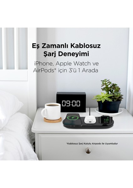 AirCharger Trio 3’ü 1 Arada iPhone + Apple Watch + AirPods Kablosuz Hızlı Şarj Aleti-Siyah