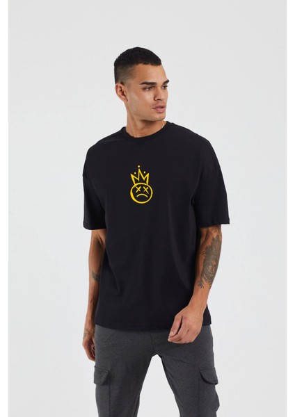 Unisex Smile Baskılı Siyah Oversize T-Shirt fiyatları
