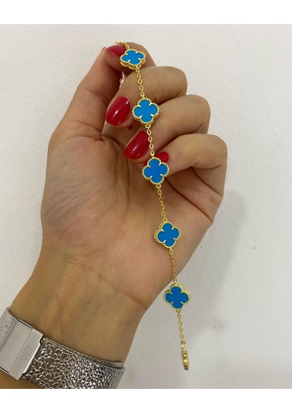 Kadın Gümüş Turkuaz Yoncalı Bileklik