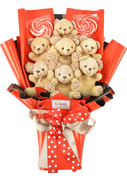 Sevimli Kırmızı Şekerli Ayıcık Çiçek Buketi