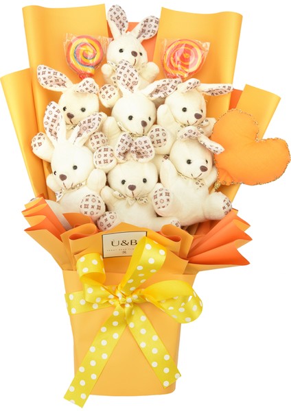 Sevimli Tavşanlar Kalpli Şekerli Ayıcık Çiçek Buketi