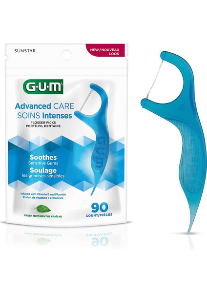 Gum - 888DF Advanced Care Flossers, Fresh Mint Dental String Floss Picks, E Vitamini ve Florür, 90 Adet