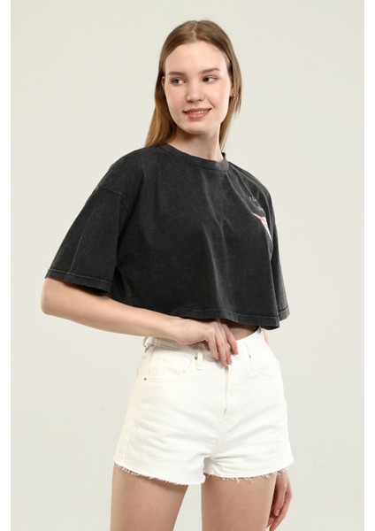 Owut Collection Antrasit Baskı Detaylı Crop T-Shirt