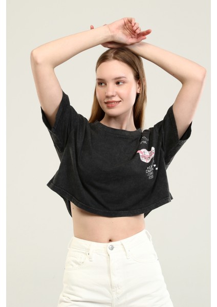 Owut Collection Antrasit Baskı Detaylı Crop T-Shirt