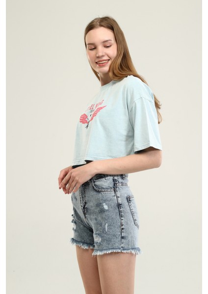 Buz Mavisi Baskı Detaylı Crop T-Shirt