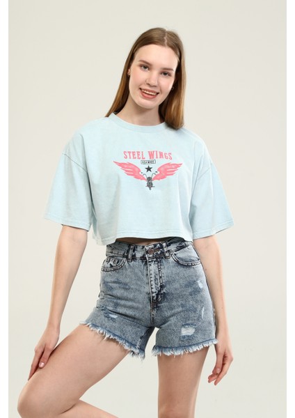 Buz Mavisi Baskı Detaylı Crop T-Shirt