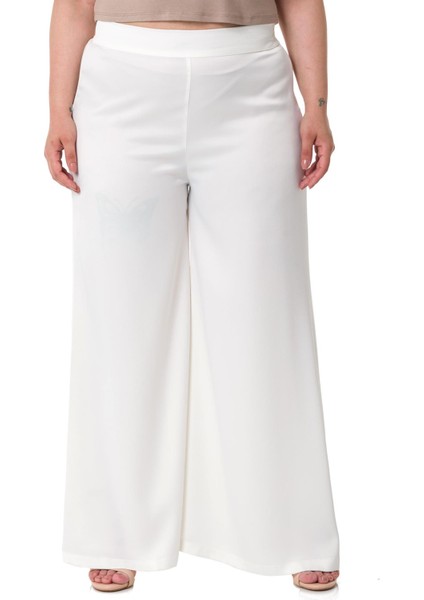 Büyük Beden Geniş Paça Beli Arkadan Lastikli Saten Beyaz Pantolon