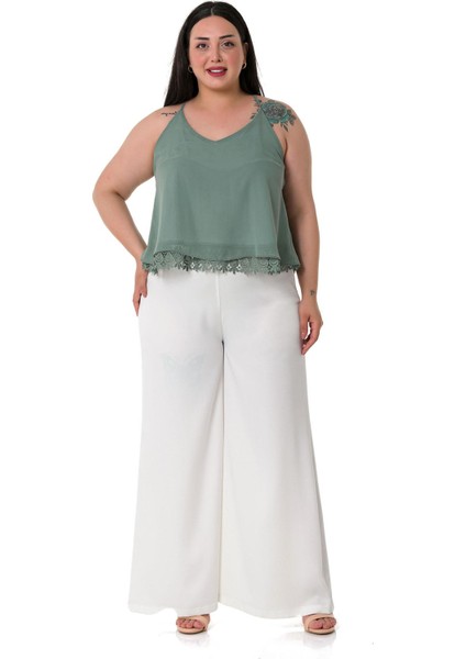 Büyük Beden Geniş Paça Beli Arkadan Lastikli Saten Beyaz Pantolon fiyatları