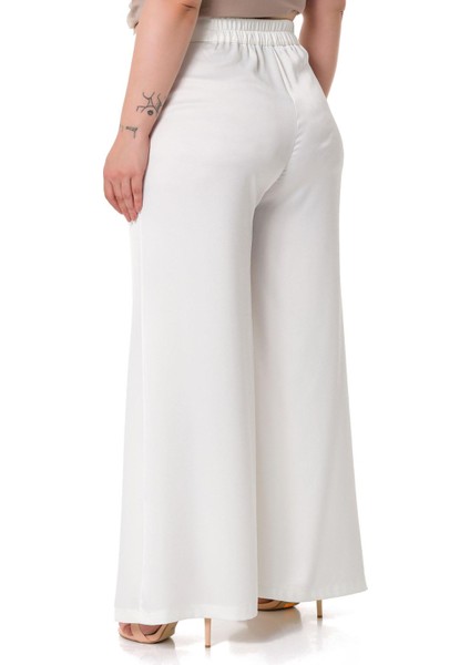 Büyük Beden Geniş Paça Beli Arkadan Lastikli Saten Beyaz Pantolon modelleri