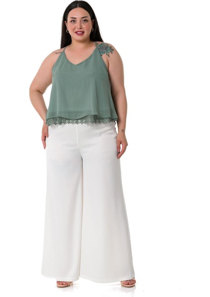 Büyük Beden Geniş Paça Beli Arkadan Lastikli Saten Beyaz Pantolon fırsatları