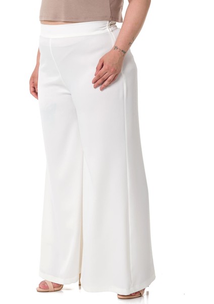 Büyük Beden Geniş Paça Beli Arkadan Lastikli Saten Beyaz Pantolon indirimleri