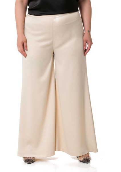 Büyük Beden Geniş Paça Beli Arkadan Lastikli Saten Bej Rengi Pantolon