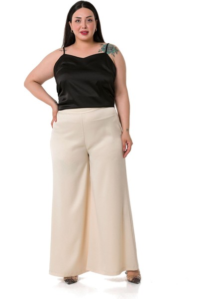 Büyük Beden Geniş Paça Beli Arkadan Lastikli Saten Bej Rengi Pantolon fiyatları