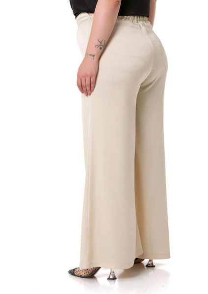 Büyük Beden Geniş Paça Beli Arkadan Lastikli Saten Bej Rengi Pantolon modelleri