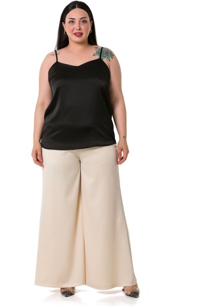 Büyük Beden Geniş Paça Beli Arkadan Lastikli Saten Bej Rengi Pantolon fırsatları