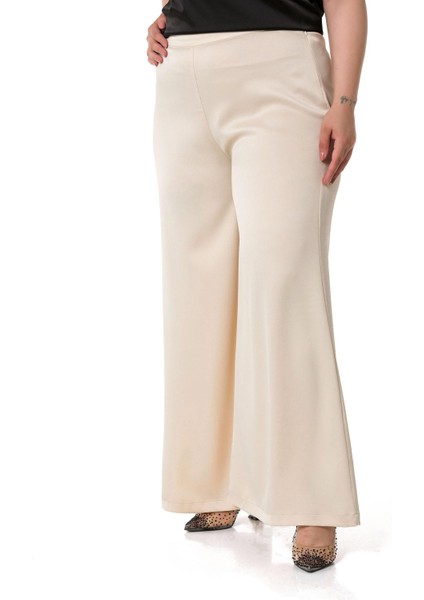 Büyük Beden Geniş Paça Beli Arkadan Lastikli Saten Bej Rengi Pantolon indirimleri