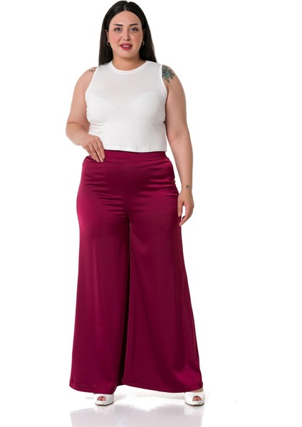Büyük Beden Geniş Paça Beli Arkadan Lastikli Saten Bordo Pantolon fiyatları