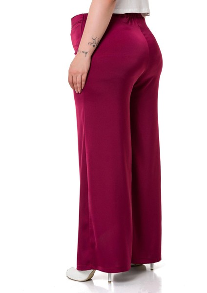 Büyük Beden Geniş Paça Beli Arkadan Lastikli Saten Bordo Pantolon modelleri
