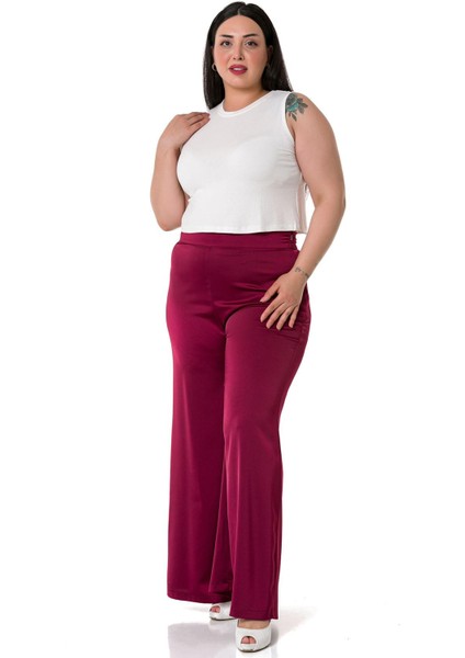 Büyük Beden Geniş Paça Beli Arkadan Lastikli Saten Bordo Pantolon fırsatları