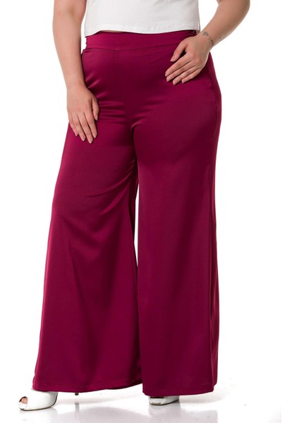 Büyük Beden Geniş Paça Beli Arkadan Lastikli Saten Bordo Pantolon indirimleri