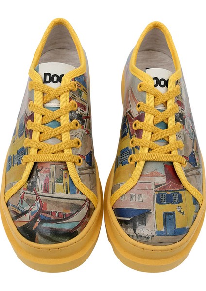 Kadın Vegan Deri Sarı Sneakers - Sunsets and Silhouettes Tasarım