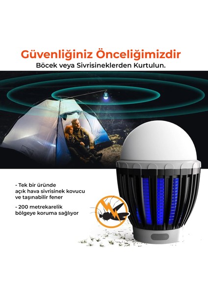 KL-01 Sivrisinek Kovucu İç - Dış Mekan, Elektrikli, Micro USB Şarj Edilebilir, Taşınabilir, IPX6 Su Geçirmez LED Işık Lamba KL01 Siyah