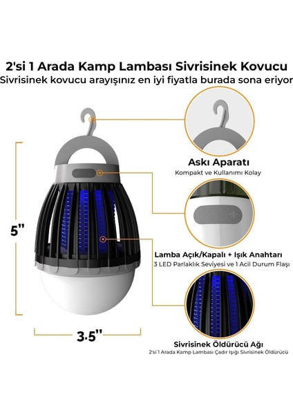 KL-01 Sivrisinek Kovucu İç - Dış Mekan, Elektrikli, Micro USB Şarj Edilebilir, Taşınabilir, IPX6 Su Geçirmez LED Işık Lamba KL01 Siyah