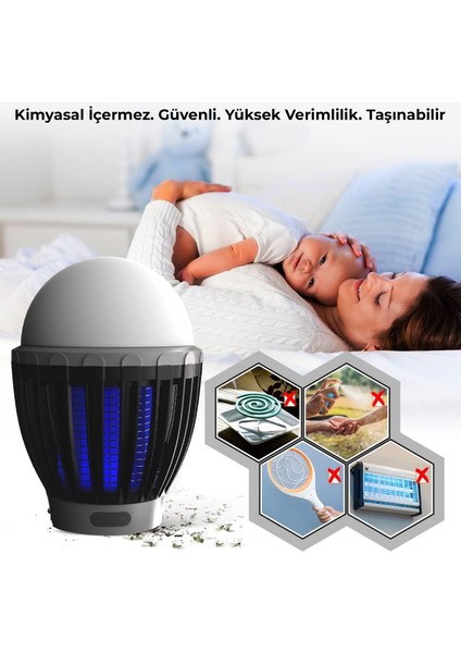 KL-01 Sivrisinek Kovucu İç - Dış Mekan, Elektrikli, Micro USB Şarj Edilebilir, Taşınabilir, IPX6 Su Geçirmez LED Işık Lamba KL01 Siyah