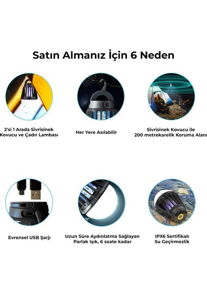 KL-01 Sivrisinek Kovucu İç - Dış Mekan, Elektrikli, Micro USB Şarj Edilebilir, Taşınabilir, IPX6 Su Geçirmez LED Işık Lamba KL01 Siyah