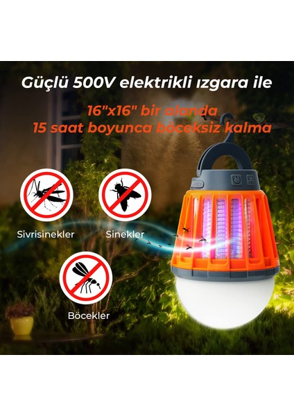 KL-01 Sivrisinek Kovucu İç - Dış Mekan, Elektrikli, Micro USB Şarj Edilebilir, Taşınabilir,  IPX6 Su Geçirmez LED Işık Lamba KL01 Turuncu