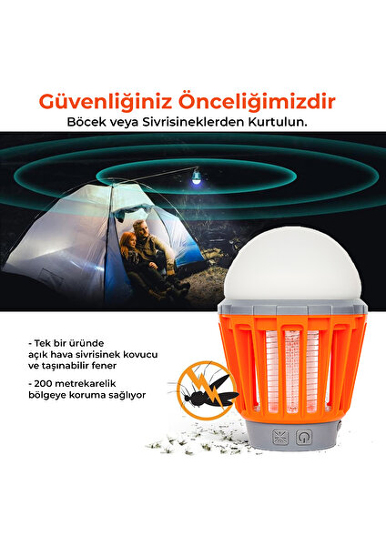 KL-01 Sivrisinek Kovucu İç - Dış Mekan, Elektrikli, Micro USB Şarj Edilebilir, Taşınabilir,  IPX6 Su Geçirmez LED Işık Lamba KL01 Turuncu