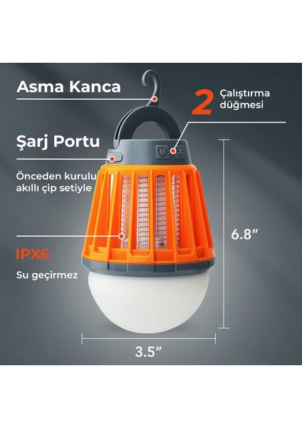 KL-01 Sivrisinek Kovucu İç - Dış Mekan, Elektrikli, Micro USB Şarj Edilebilir, Taşınabilir,  IPX6 Su Geçirmez LED Işık Lamba KL01 Turuncu